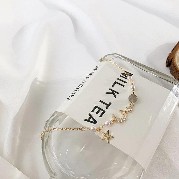 NEW Gold Diamond Moonstone Pearl Star Bracelet - Picture 6 of 9